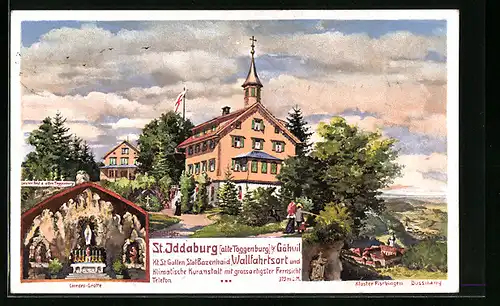 Künstler-AK Gähwil, Gasthaus St. Iddaburg, Lourdes-Grotte