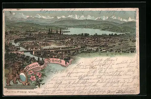 Lithographie Zürich, Panoramablick auf die Stadt