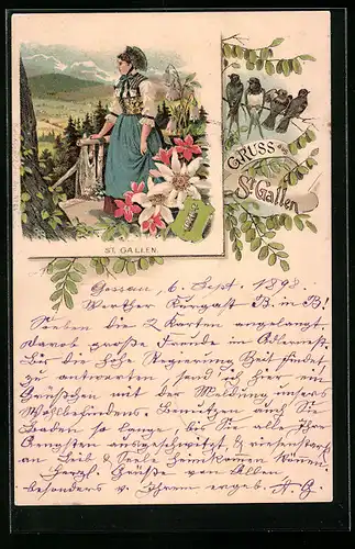 Lithographie St. Gallen, Schweizerin in Tracht, Wappen und Edelweiss