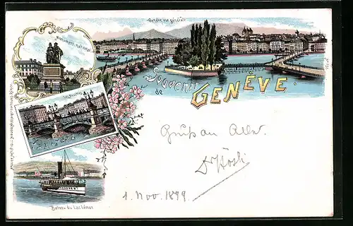 Lithographie Geneve, Bateau du Lac Léman, Les Mouettes, Monument national