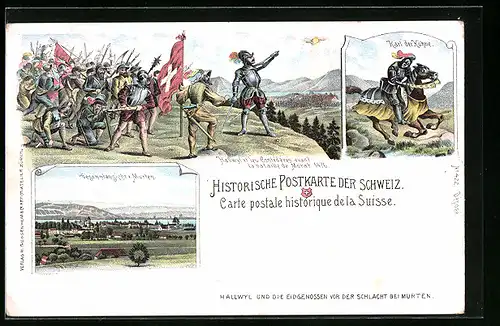 Lithographie Murten, Gesamtansicht, Karl der Kühne