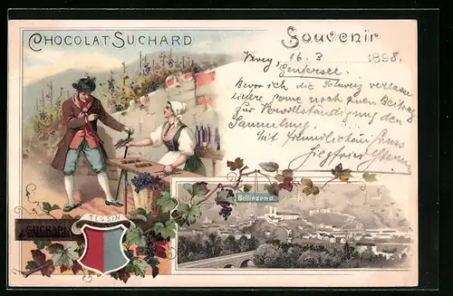 Lithographie Bellinzona, Ortsansicht, Frau verkauft Schokolade von Suchard