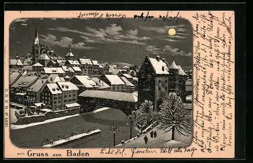 Lithographie Baden, winterliche Ortsansicht bei Nacht