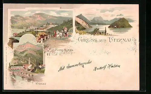 Lithographie Vitznau, Teilansicht mit Kirche, Flora Alpina
