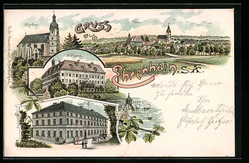 Lithographie Ehrenhain /S.-A., Gasthof, Schloss, Kirche, Totalansicht