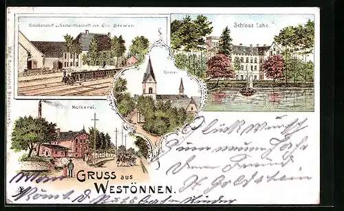 Lithographie Westönnen, Kleinbahnhof und Gasthof von Wilh. Stewen, Molkerei