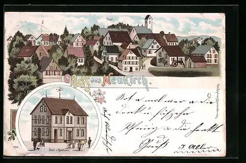 Lithographie Neukirch, Schule und Rathaus, Ortsansicht