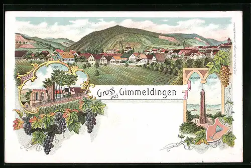 Lithographie Gimmeldingen, Turm auf dem Weinbier, Kapelle, Panorama