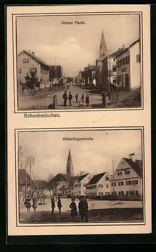 AK Schwabmünchen, Oberer Markt mit Kirche, Hiltenfingerstrasse