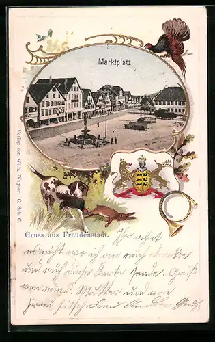 Passepartout-Lithographie Freudenstadt, Marktplatz mit Strasse, Jagdhund mit Beute, Wappen