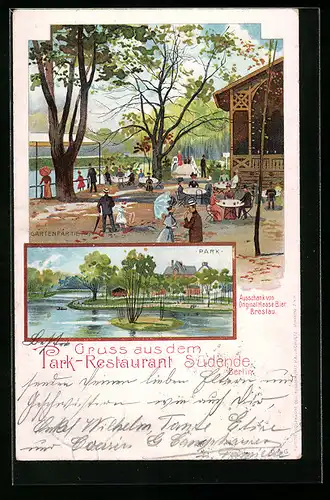 Lithographie Berlin, Park-Restaurant Südende, Gartenpartie und Park