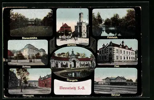 AK Meuselwitz /S.-A., Post, Bahnhof, Neumarkt