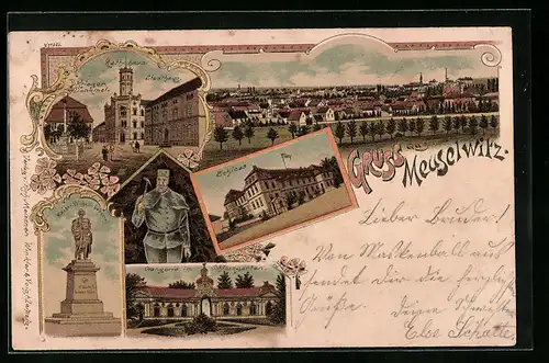 Lithographie Meuselwitz /S.-A., Ortsansicht, Markt, Schloss, Bergmann