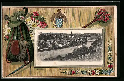Passepartout-Lithographie Kempten, Ortsansicht, Wandergepäck, Wappen