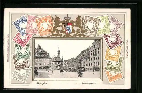 Passepartout-AK Kempten, Briefmarken, Wappen, Rathausplatz