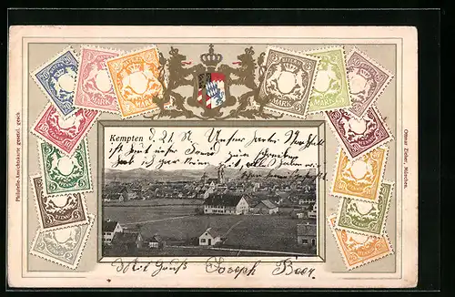 Passepartout-AK Kempten, Briefmarken, Wappen, Ortsansicht aus der Vogelschau