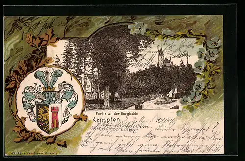 Passepartout-Lithographie Kempten, Partie an der Bergbahn, Wappen