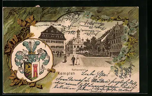 Passepartout-Lithographie Kempten, Rathausplatz mit Kirche, Wappen