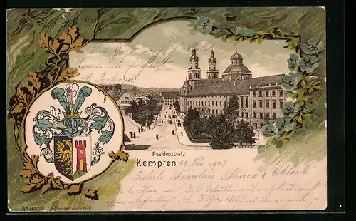 Passepartout-Lithographie Kempten, Residenzplatz mit Strassen, Wappen