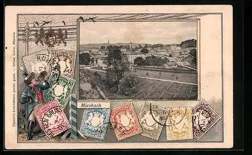 Präge-AK Miesbach, Ortsansicht aus der Vogelschau, Postillon, Briefmarken Bayerns, Wappen