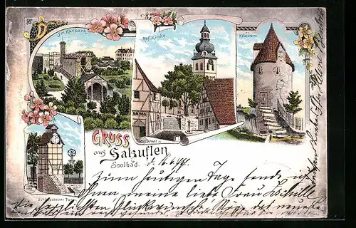 Lithographie Salzuflen, Kurpark, Katzenturm, Ref. Kirche