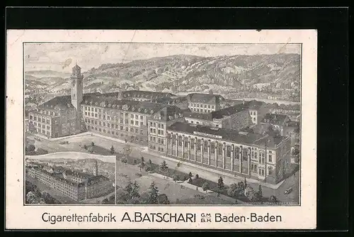 AK Baden-Baden, Cigarettenfabrik A. Batschari GmbH mit Strasse aus der Vogelschau