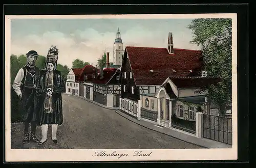 AK Ponitz /Altenburger Land, Strassenpartie mit Gasthof Ponitz, Trachtenpaar