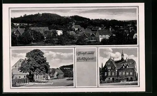 AK Goldschau /Osterfeld, Teilansicht aus der Vogelschau, Dorfstrasse mit Gasthof, Rittergut