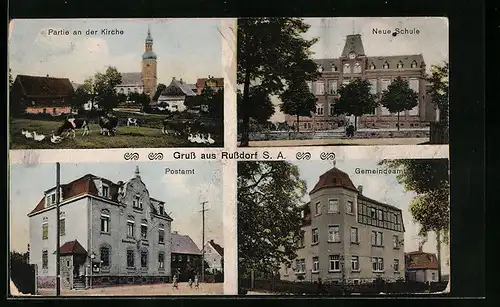 AK Russdorf /S. A., Gemeindeamt, Ortspartie mit Kirche, Neue Schule