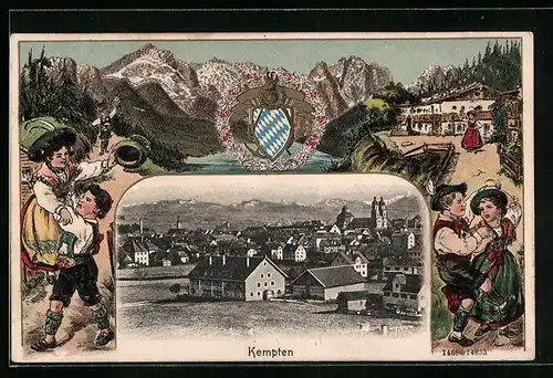 Passepartout-Lithographie Kempten, Teilansicht aus der Vogelschau, Trachtenpaare vor Bergkulisse, Wappen