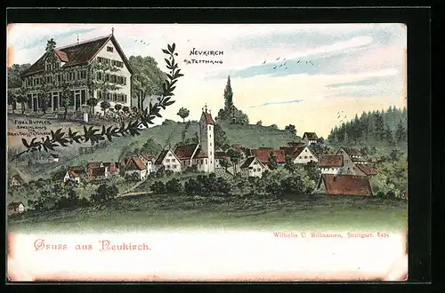 AK Neukirch bei Tettnang, Ortsansicht mit Umgebung, Haus des Brautausstatters Fidel Buffler