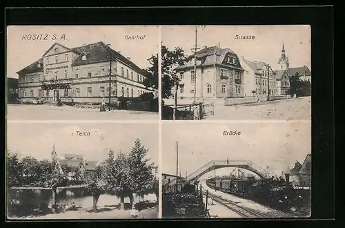 AK Rositz /S. A., Gasthof, Strassenpartie, Brücke, Teich