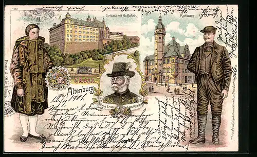 Lithographie Altenburg, Schloss, Rathaus, Herzog Ernst von Sachsen-Altenburg