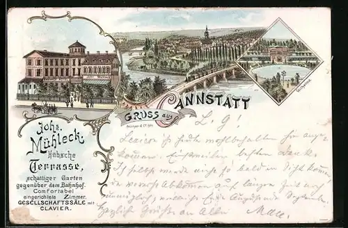 Lithographie Cannstatt, Bahnhof Hotel J. Mühleck, Wilhelma