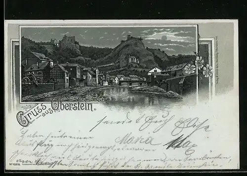 Mondschein-Lithographie Oberlahnstein, Blick vom Fluss auf Ort und Ruinen