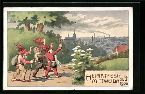 Künstler-AK Mittweida, Heimatfest 1908, Teilansicht mit Zwergen