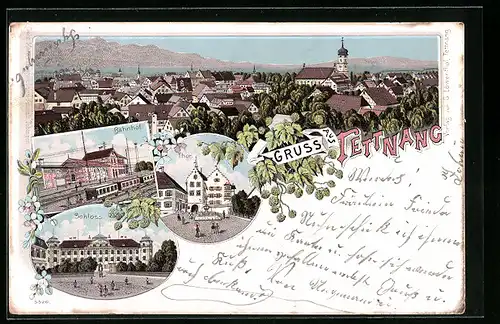 Lithographie Tettnang, Schloss, Bahnhof, Tor