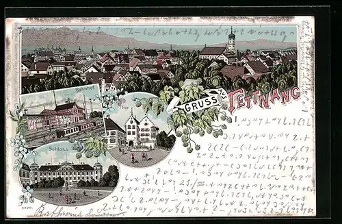 Lithographie Tettnang, Schloss, Bahnhof, Tor