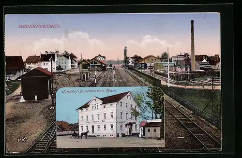 AK Meckenbeuren, Bahnhof-Restaurant Baur, Ortspartie mit Bahngleis
