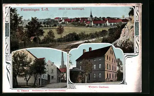 AK Flemmingen /S.-A., Werners Gasthaus, Geschäftshaus mit Tischlereiwerkstätten