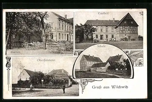 AK Wilchwitz, Schule, Gasthof, Oberförsterei, Garten