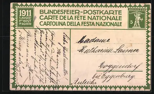 AK Schweizer Bundesfeier 1911, Schlachtengetümmel, Ganzsache
