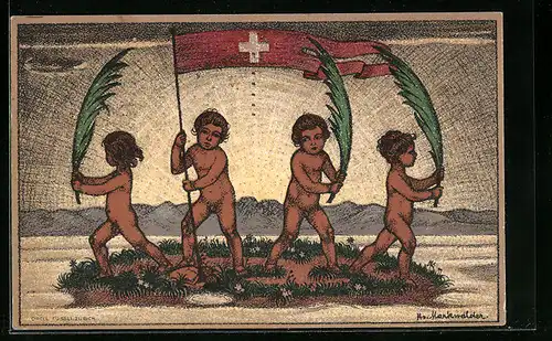 AK Schweizer Bundesfeier 1916, Nackte Jungen mit Schweizer Flagge und Palmwedel, Ganzsache