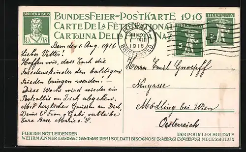 AK Schweizer Bundesfeier 1916, Nackte Jungen mit Schweizer Flagge und Palmwedel, Ganzsache