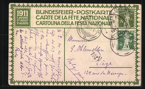 AK Schweizer Bundesfeier 1911, Schlachtengetümmel, Ganzsache