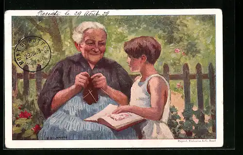 AK Schweizer Bundesfeier 1928, Grossmutter sitzt mit ihrem Enkel im Garten, Ganzsache