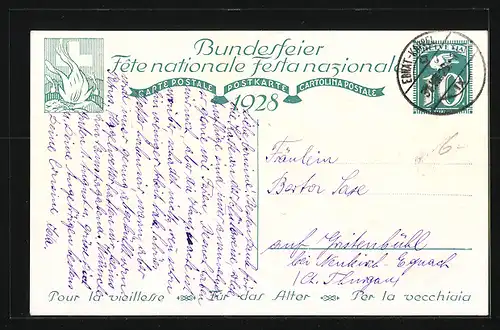 AK Schweizer Bundesfeier 1928, Grossmutter sitzt mit ihrem Enkel im Garten, Ganzsache