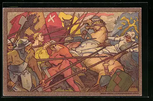 AK Schweizer Bundesfeier 1911, Soldaten in der Schlacht, Ganzsache