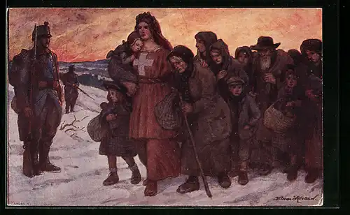 AK Schweizer Bundesfeier 1915, Flüchtlinge schmiegen sich an Helvetia, Ganzsache