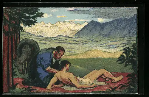 AK Schweizer Bundesfeier 1917, Mann versorgt den verletzten Jungen, Ganzsache